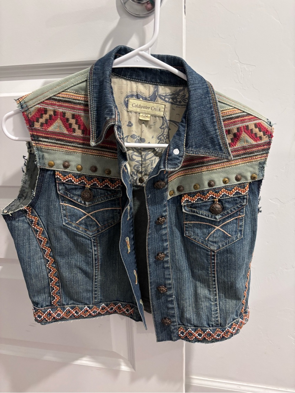 Coldwater Creek Denim Vest with Red & Tan Aztec Accents